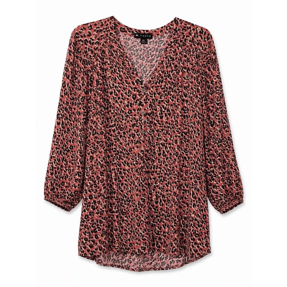 N Touch Women’s Plus Size Long Sleeve Half Button Animal Print Blouse Size 2X